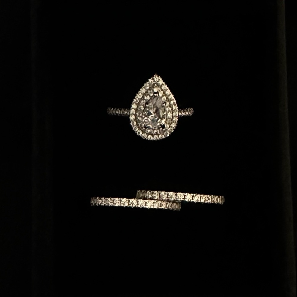 Sterling silver pear cut double halo three ring set, size 6.